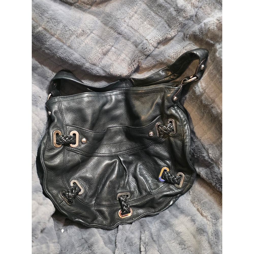 B. Makowsky Black Pebbled Leather Hobo Bag Braided Accents Leopard Print Lining